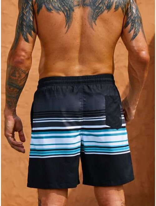 Men Striped Drawstring Waist Swim Trunks