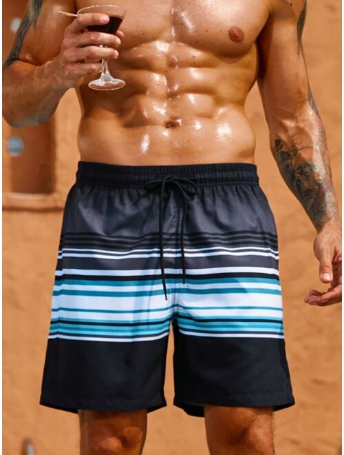 Men Striped Drawstring Waist Swim Trunks