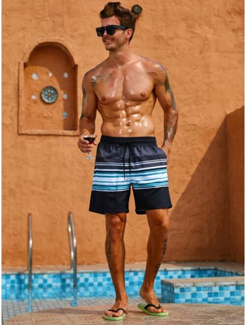 Men Striped Drawstring Waist Swim Trunks