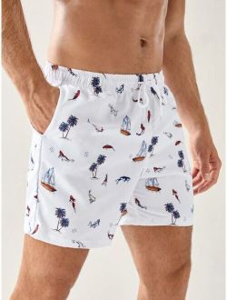 Men Random Fish Tropical Print Drawstring Waist Swim Trunks