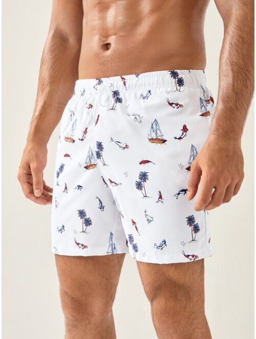 Men Random Fish Tropical Print Drawstring Waist Swim Trunks