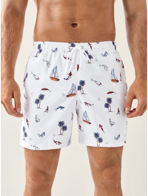 Men Random Fish Tropical Print Drawstring Waist Swim Trunks