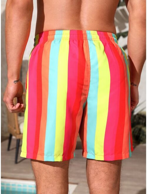 Men Rainbow Striped Drawstring Waist Swim Trunks