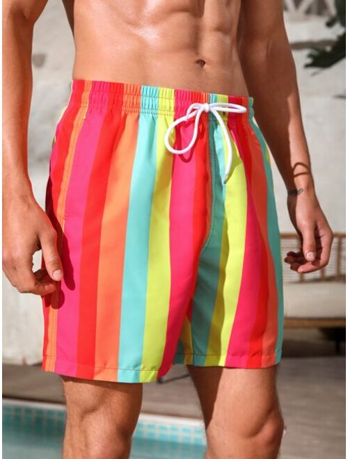 Men Rainbow Striped Drawstring Waist Swim Trunks