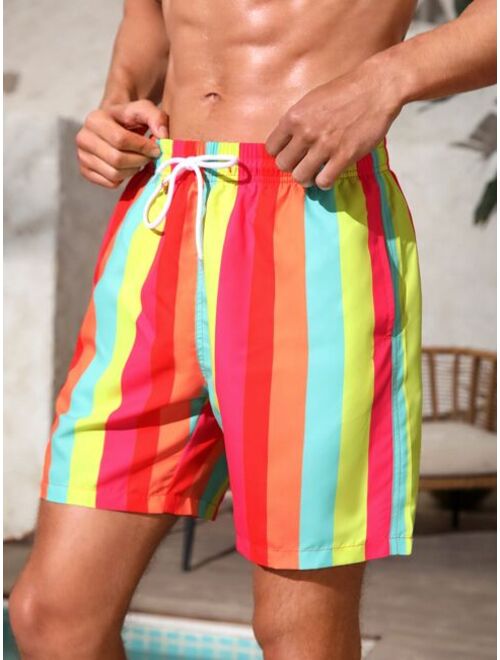 Men Rainbow Striped Drawstring Waist Swim Trunks