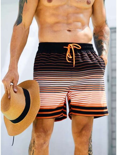 Men Striped Drawstring Waist Swim Trunks