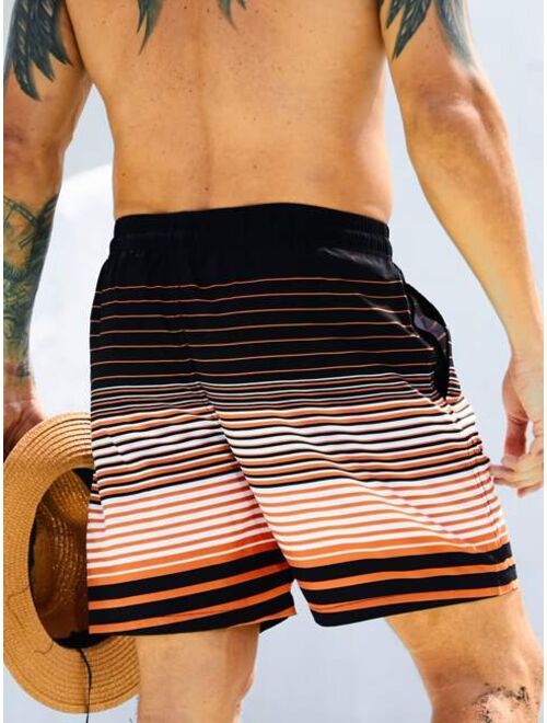 Men Striped Drawstring Waist Swim Trunks