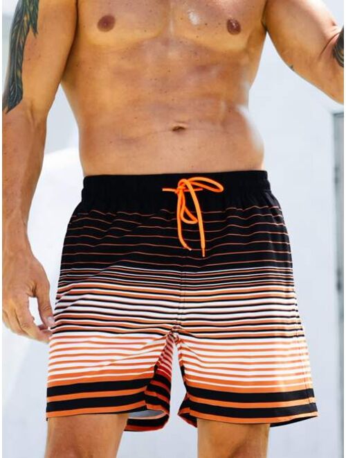 Men Striped Drawstring Waist Swim Trunks