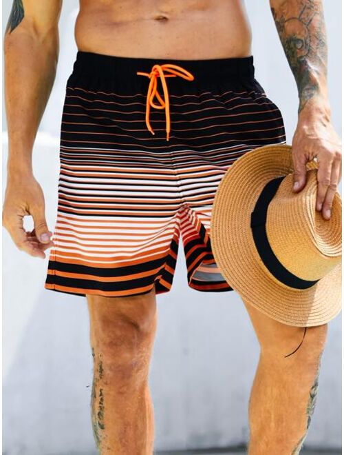 Men Striped Drawstring Waist Swim Trunks