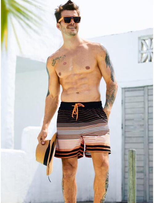 Men Striped Drawstring Waist Swim Trunks