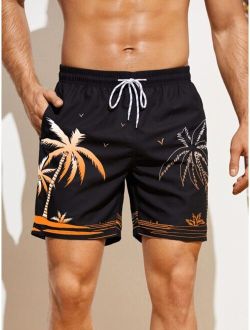 Men Tropical Print Drawstring Waist Swim Trunks