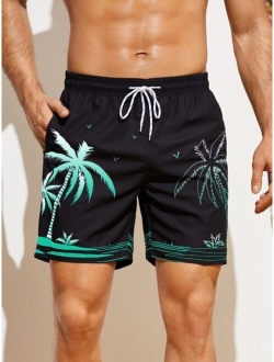 Men Tropical Print Drawstring Waist Swim Trunks