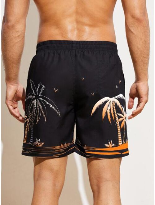 Men Tropical Print Drawstring Waist Swim Trunks