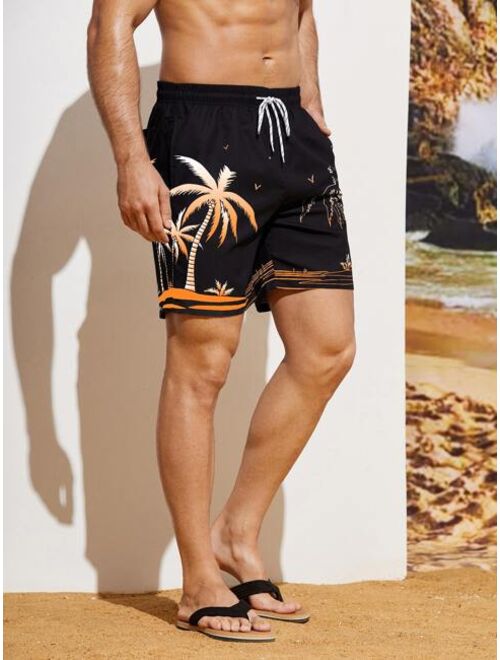 Men Tropical Print Drawstring Waist Swim Trunks