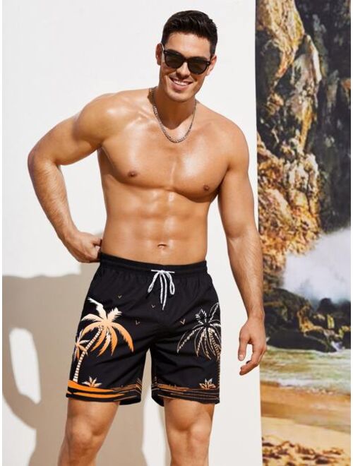 Men Tropical Print Drawstring Waist Swim Trunks