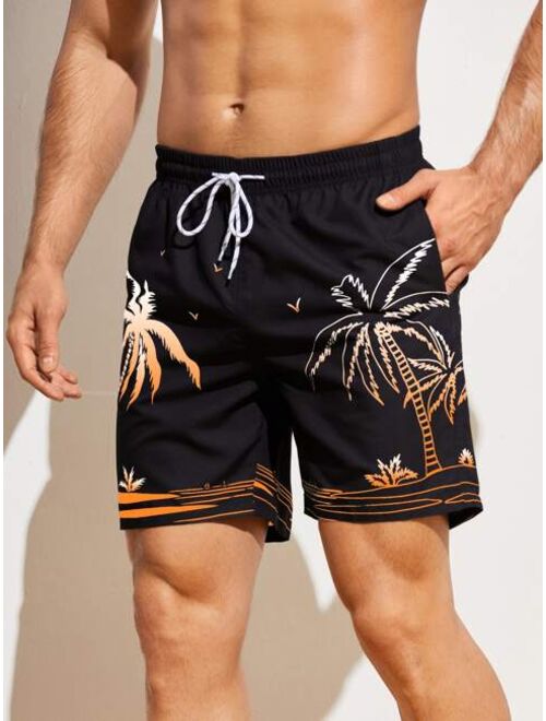 Men Tropical Print Drawstring Waist Swim Trunks