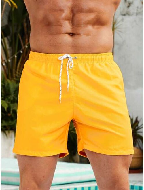 Men Solid Drawstring Waist Swim Trunks