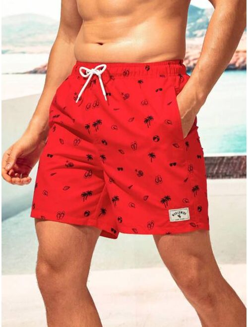 Men Allover Print Drawstring Waist Swim Trunks