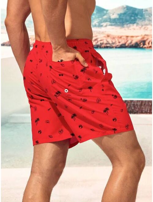 Men Allover Print Drawstring Waist Swim Trunks