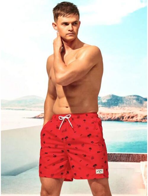 Men Allover Print Drawstring Waist Swim Trunks