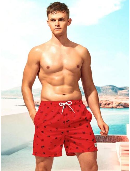 Men Allover Print Drawstring Waist Swim Trunks