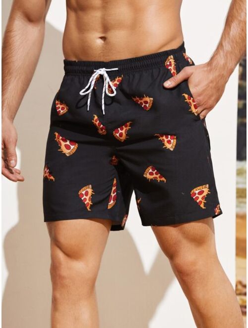 Men Random Pizza Print Drawstring Waist Swim Trunks