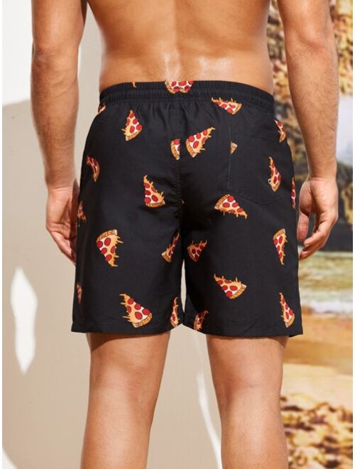 Men Random Pizza Print Drawstring Waist Swim Trunks