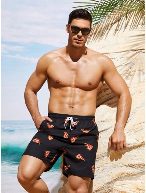 Men Random Pizza Print Drawstring Waist Swim Trunks