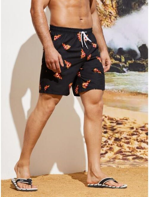 Men Random Pizza Print Drawstring Waist Swim Trunks