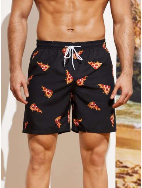 Men Random Pizza Print Drawstring Waist Swim Trunks