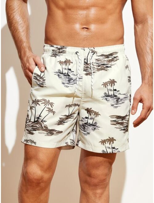 Men Palm Tree Print Drawstring Waist Swim Trunks