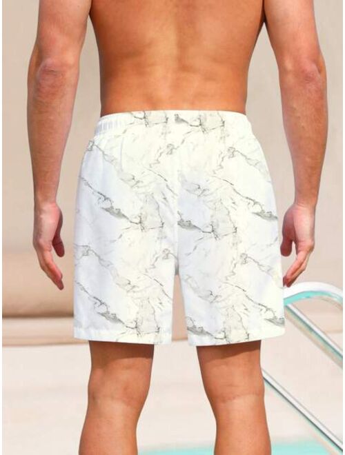 Men Marble Print Drawstring Waist Swim Trunks