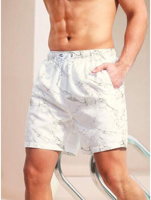 Men Marble Print Drawstring Waist Swim Trunks