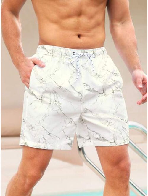 Men Marble Print Drawstring Waist Swim Trunks