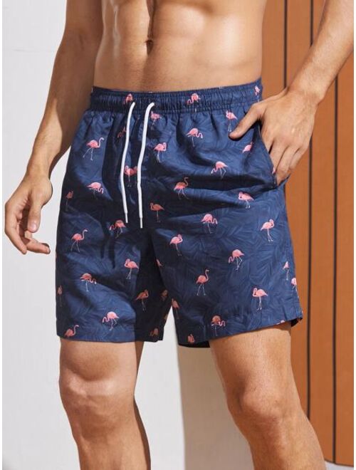 Men Flamingo Print Drawstring Waist Swim Trunks