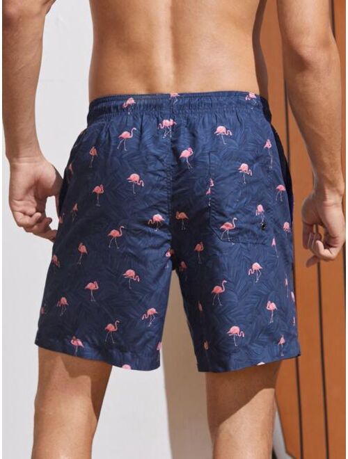 Men Flamingo Print Drawstring Waist Swim Trunks