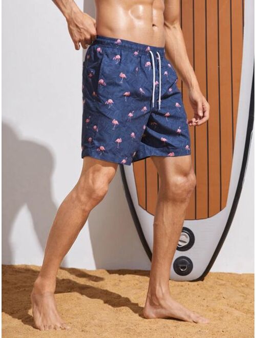 Men Flamingo Print Drawstring Waist Swim Trunks