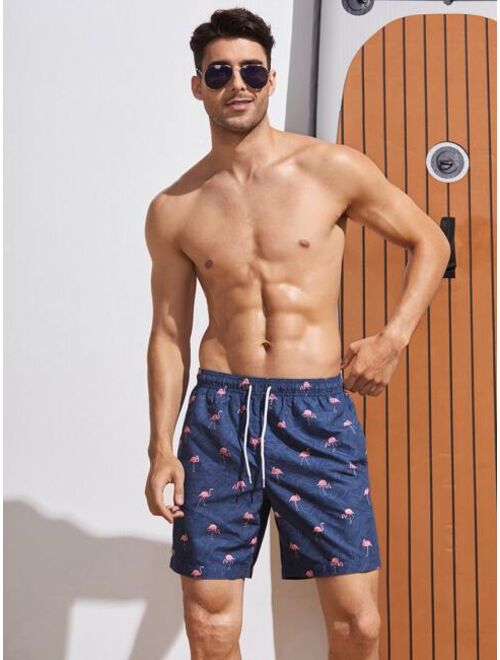 Men Flamingo Print Drawstring Waist Swim Trunks