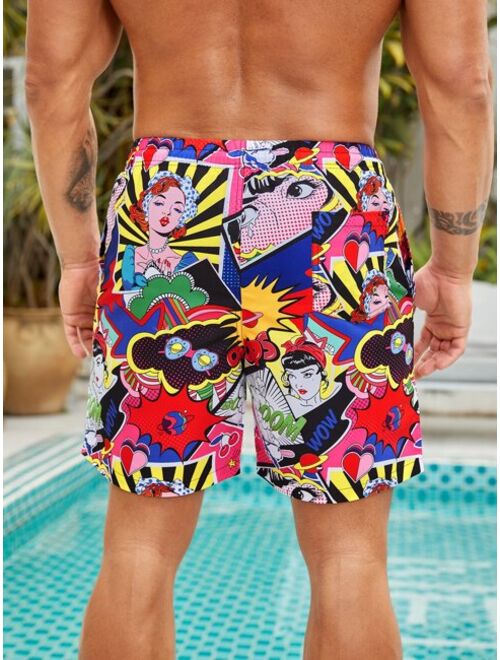 Men Pop Art Print Drawstring Waist Swim Trunks