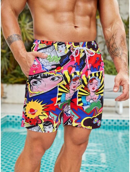 Men Pop Art Print Drawstring Waist Swim Trunks