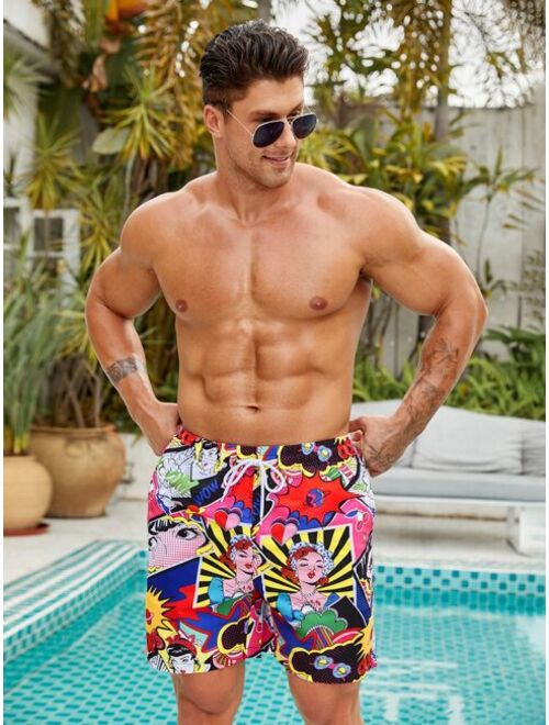 Men Pop Art Print Drawstring Waist Swim Trunks