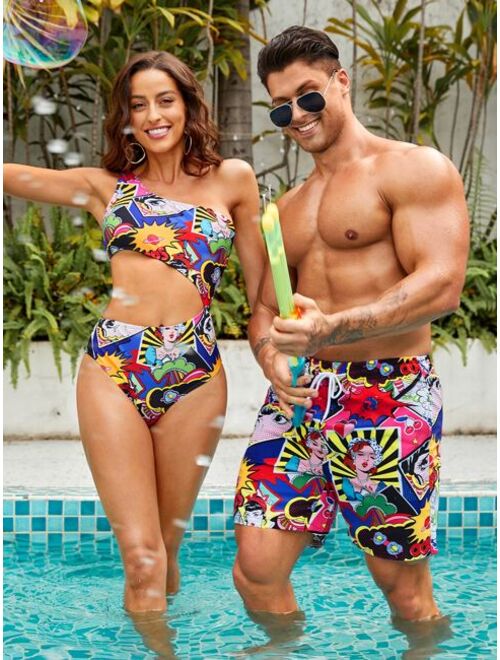 Men Pop Art Print Drawstring Waist Swim Trunks