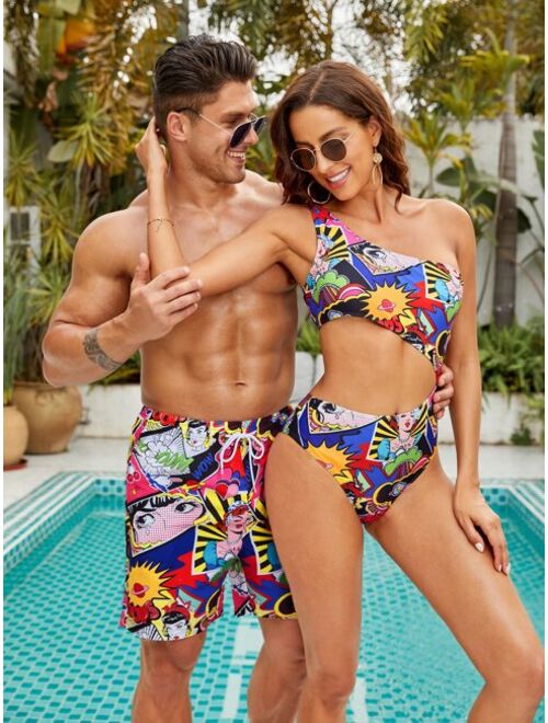 Men Pop Art Print Drawstring Waist Swim Trunks