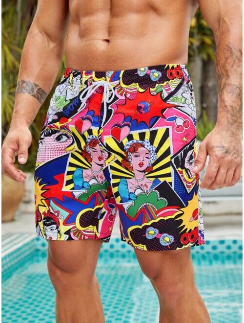 Men Pop Art Print Drawstring Waist Swim Trunks