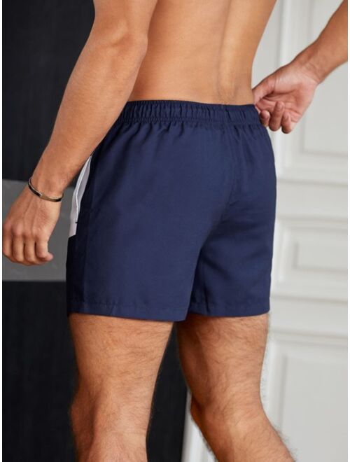 Men Colorblock Drawstring Waist Swim Trunks