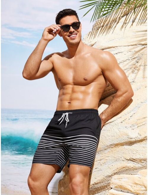 SHEIN X Hangout Fest Men Striped Drawstring Waist Swim Trunks