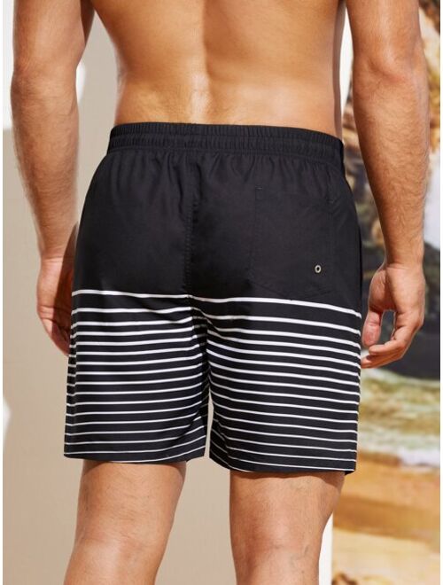 SHEIN X Hangout Fest Men Striped Drawstring Waist Swim Trunks