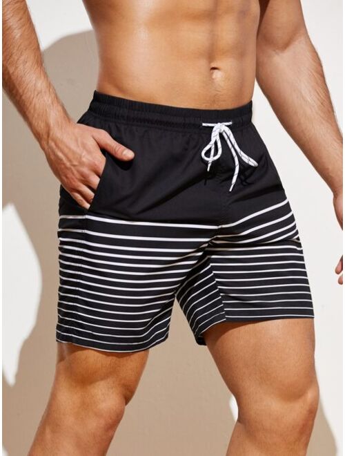 SHEIN X Hangout Fest Men Striped Drawstring Waist Swim Trunks