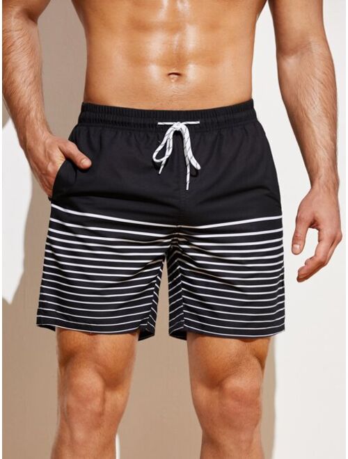 SHEIN X Hangout Fest Men Striped Drawstring Waist Swim Trunks