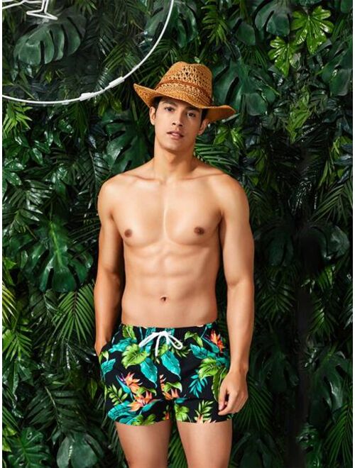 NITAGUT Men Tropical Print Drawstring Waist Swim Trunks